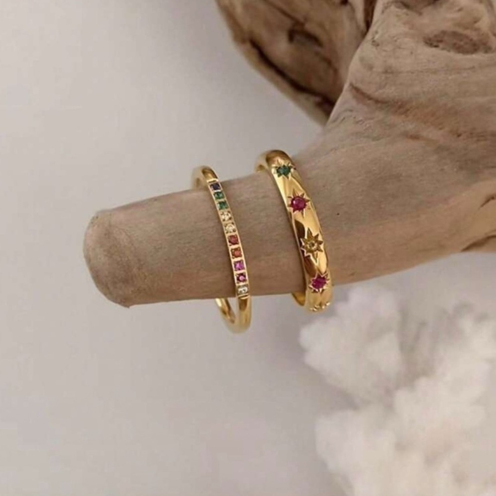 Gold Plated Stainless Steel 2pc Star Rhinestone Ring Set